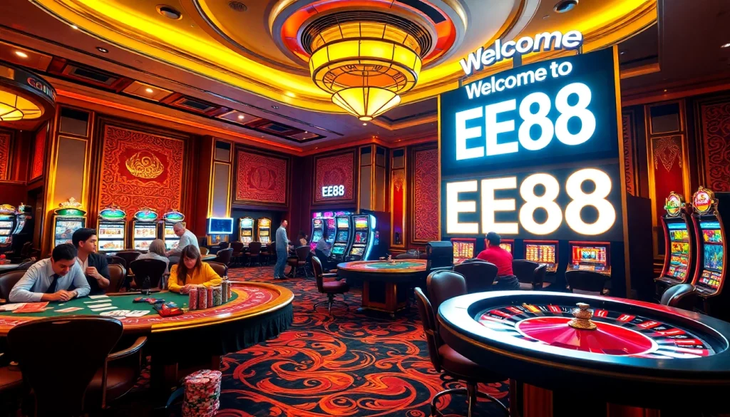 Exciting scene at EE88 casino featuring poker players, roulette, and slot machines.